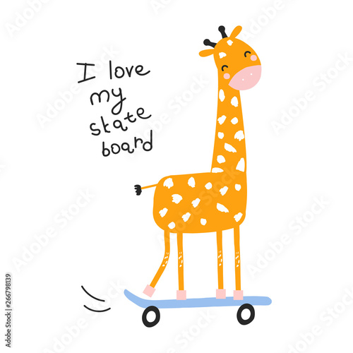 Funny giraffe skates. Cute kids summer print. Vector hand drawn illustration. 