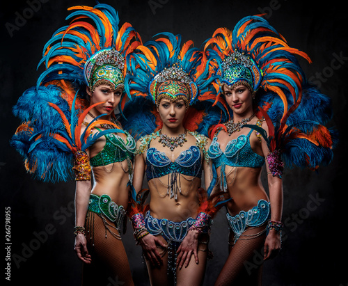 Studio portret grupy profesjonalnych tancerzy kobiet w kolorowych wystawnych karnawałowych garniturach z piór. Pojedynczo na ciemnym tle.