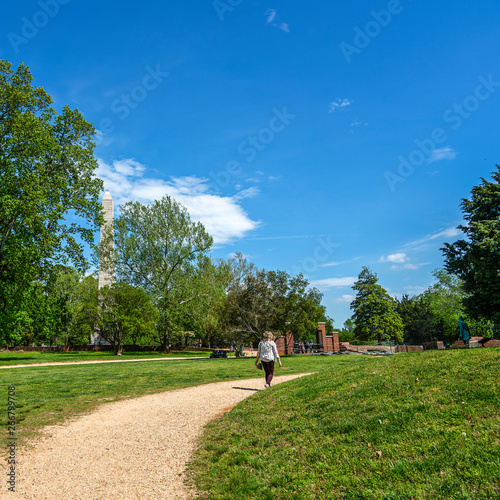 A lone, female baby booomer walks in a park. © Tim Barnes