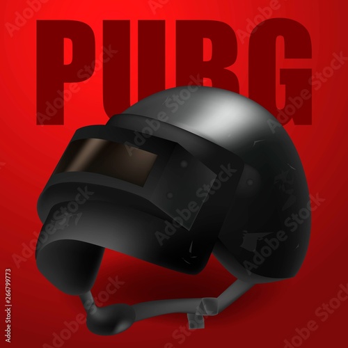 PUBG - PlayerUnknowns Battlegrounds Game. Realistic black vector helmet from Playerunknown s Battleground. Vector illustration on red background.