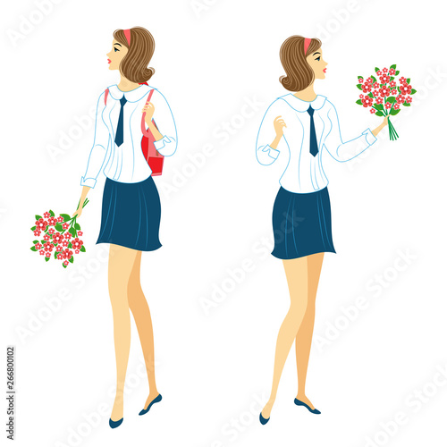Collection. Young schoolgirls with flowers. The girls are very nice, they have a good mood, a smile. The lady will give the bouquet to the teacher. Vector illustration set