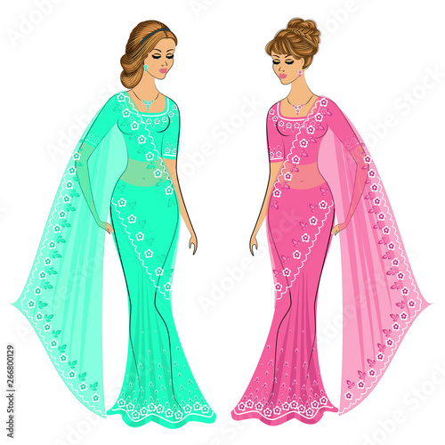 Collection. Sweet lady. The girl is dressed in a traditional sari, national Indian clothes. Young and beautiful woman. Vector illustration set