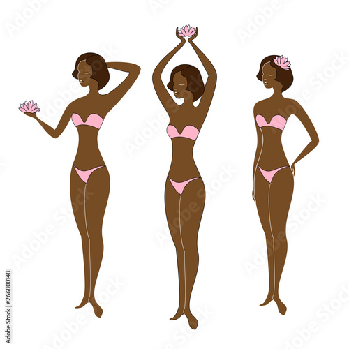 Beautiful slender lady with lotus. Girls in bathing suits. Vector illustration