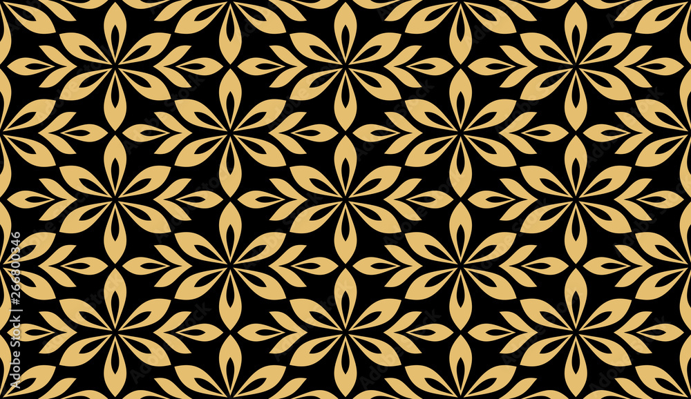 Flower geometric pattern. Seamless vector background. Gold and black ornament. Ornament for fabric, wallpaper, packaging, Decorative print Flower geometric pattern. Seamless vector background. Gold and black ornament. Ornament for fabric, wallpaper, packaging, Decorative print