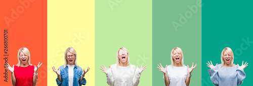 Collage of beautiful blonde woman over vivid vintage isolated background celebrating mad and crazy for success with arms raised and closed eyes screaming excited. Winner concept