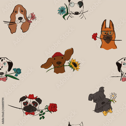 Seamless Pattern With Dogs Holding Flowers.