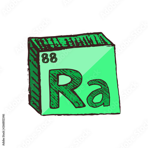 Vector three-dimensional hand drawn chemical luminous green radioactive symbol of metal radium with an abbreviation Ra from the periodic table of the elements isolated on a white background.