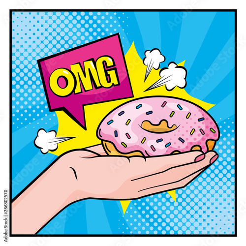 donut in the woman hand with omg message chat bubble