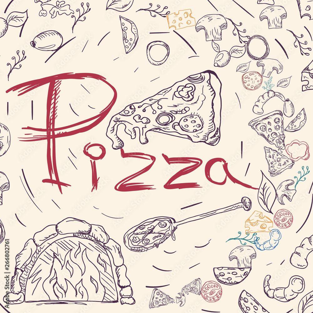 Obraz premium cover background_15_illustration, on the theme of Italian pizza cuisine, for decoration and design sticker of ingredients