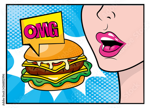 woman eating hamburger with omg pop art message