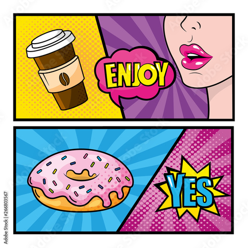 set plastic coffee cup with woman enjoy message and donut comic
