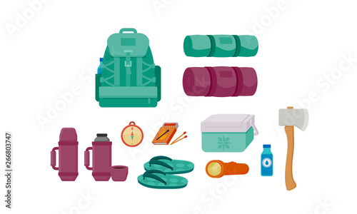 Camping Accessories Vector Illustration Set Backpack