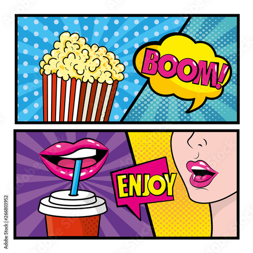 set of pop art comic with popcorn and woman drinking soda with messages