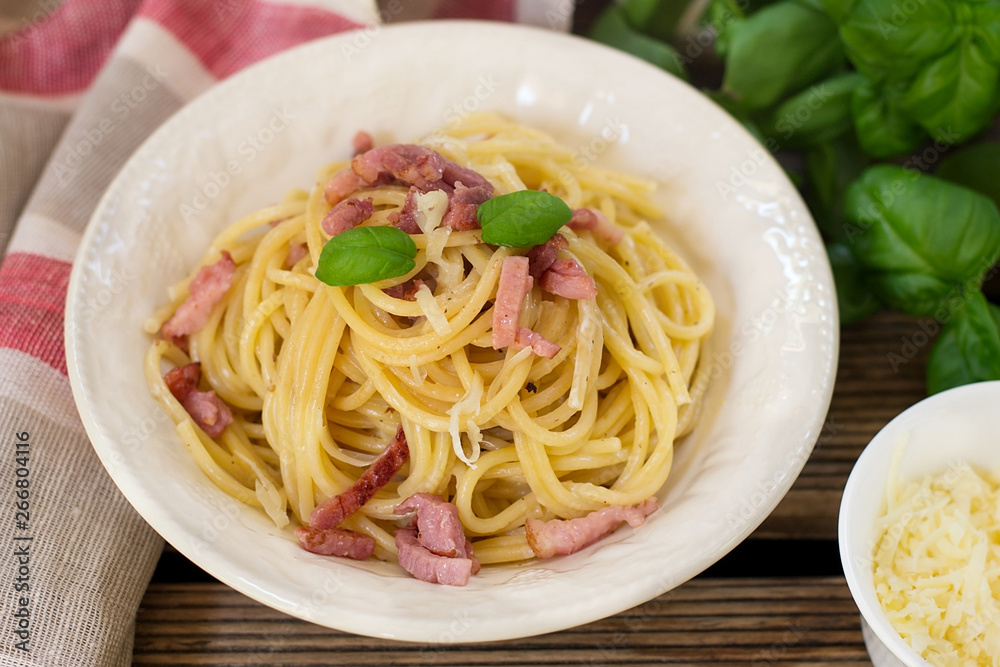 Classic Spaghetti alla carbonara pasta with lardons Classic Spaghetti alla carbonara pasta with lardons