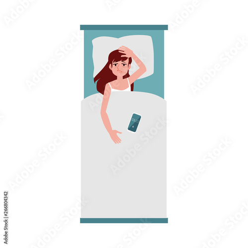 Vector unhappy woman with insomnia in bed