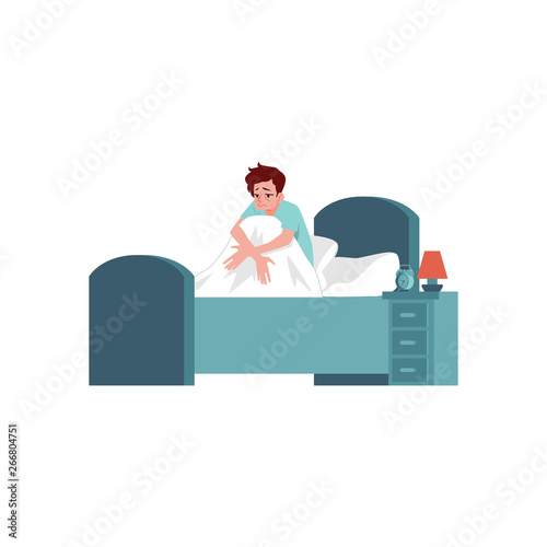 Vector unhappy man with insomnia in bed