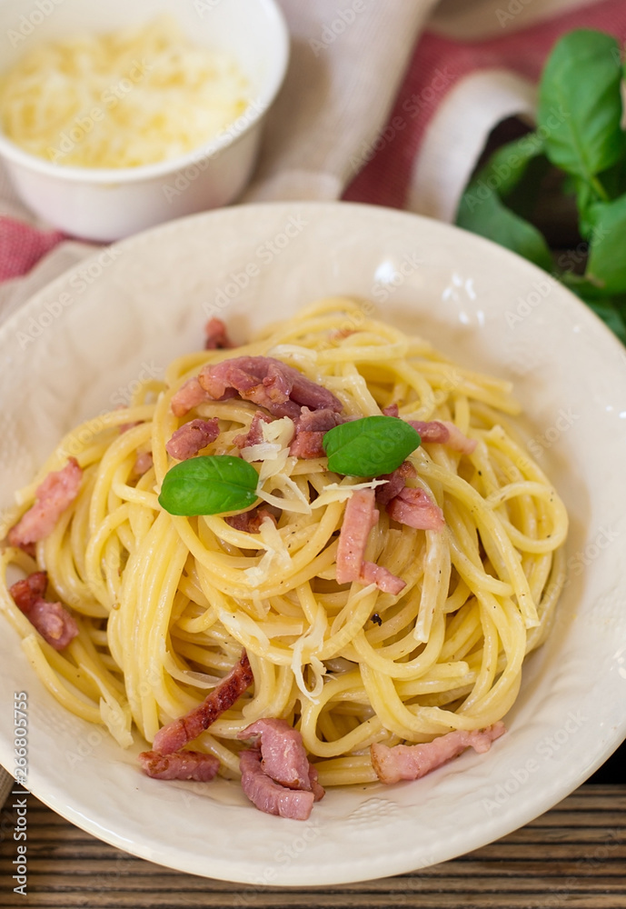 Classic Spaghetti alla carbonara pasta with lardons Classic Spaghetti alla carbonara pasta with lardons