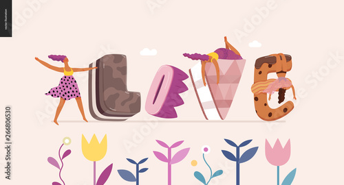 Dessert font - modern flat vector concept digital illustration of temptation font, sweet lettering and girls. Caramel, toffee, biscuit, waffle, cookie, cream and chocolate letters. Lettering Love