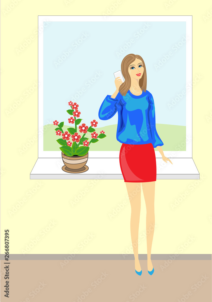 Picture of a beautiful young lady. Lovely cheerful girl in a blue blouse talking on the phone. It stands on a background of the color from which the blue sky is visible. Vector illustration Picture of a beautiful young lady. Lovely cheerful girl in a blue blouse talking on the phone. It stands on a background of the color from which the blue sky is visible. Vector illustration