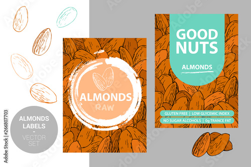 Almonds labels with brush stroke elements and cartoon drawn nut texture. product Badge with text: gluten free, low glycemic index, no sugar alcohols, 0g trance fat. sticker with nut silhouettes