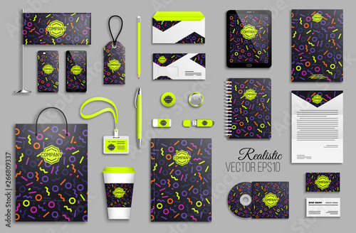 Corporate identity template set with neon color geometric shapes abstract background