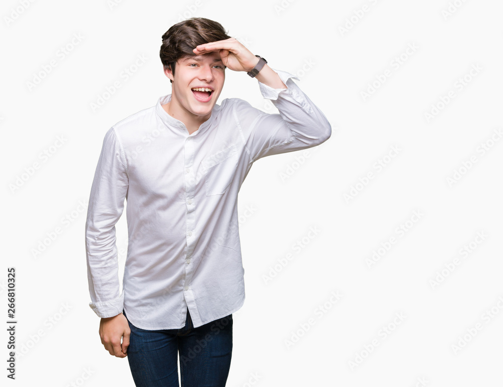 Young handsome business man over isolated background very happy and smiling looking far away with hand over head. Searching concept. Young handsome business man over isolated background very happy and smiling looking far away with hand over head. Searching concept.