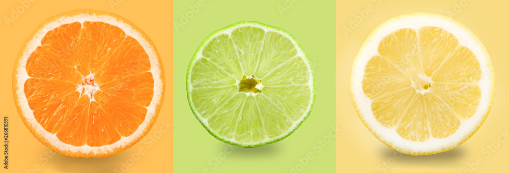 Obraz premium Citrus fruit. Orange, lemon, lime. Slices isolated on a colored background. Collection.