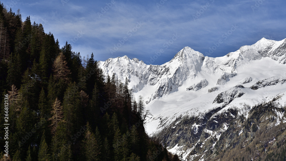 View of Pizzo Ventina from Chiareggio with the snow. View of Pizzo Ventina from Chiareggio with the snow.