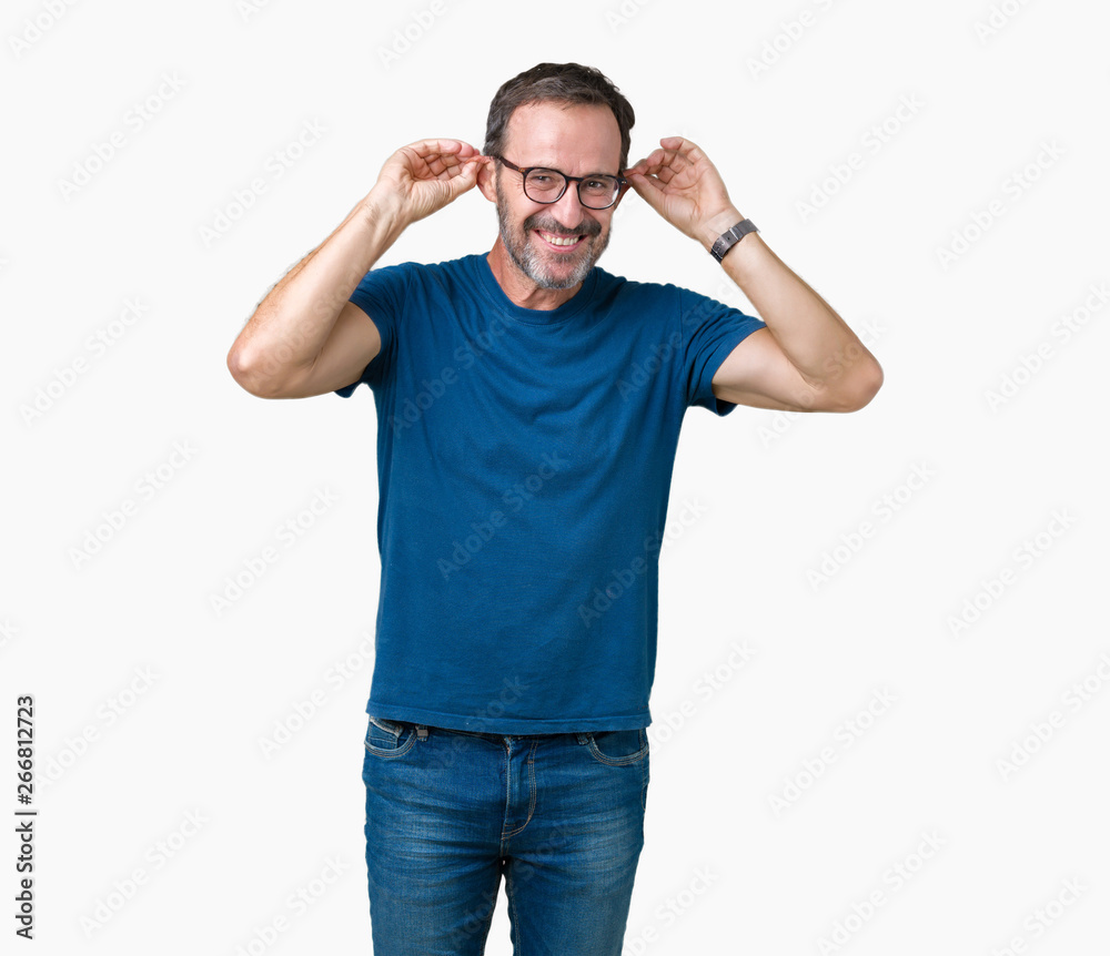 Handsome middle age hoary senior man wearin glasses over isolated background Smiling pulling ears with fingers, funny gesture. Audition problem Handsome middle age hoary senior man wearin glasses over isolated background Smiling pulling ears with fingers, funny gesture. Audition problem