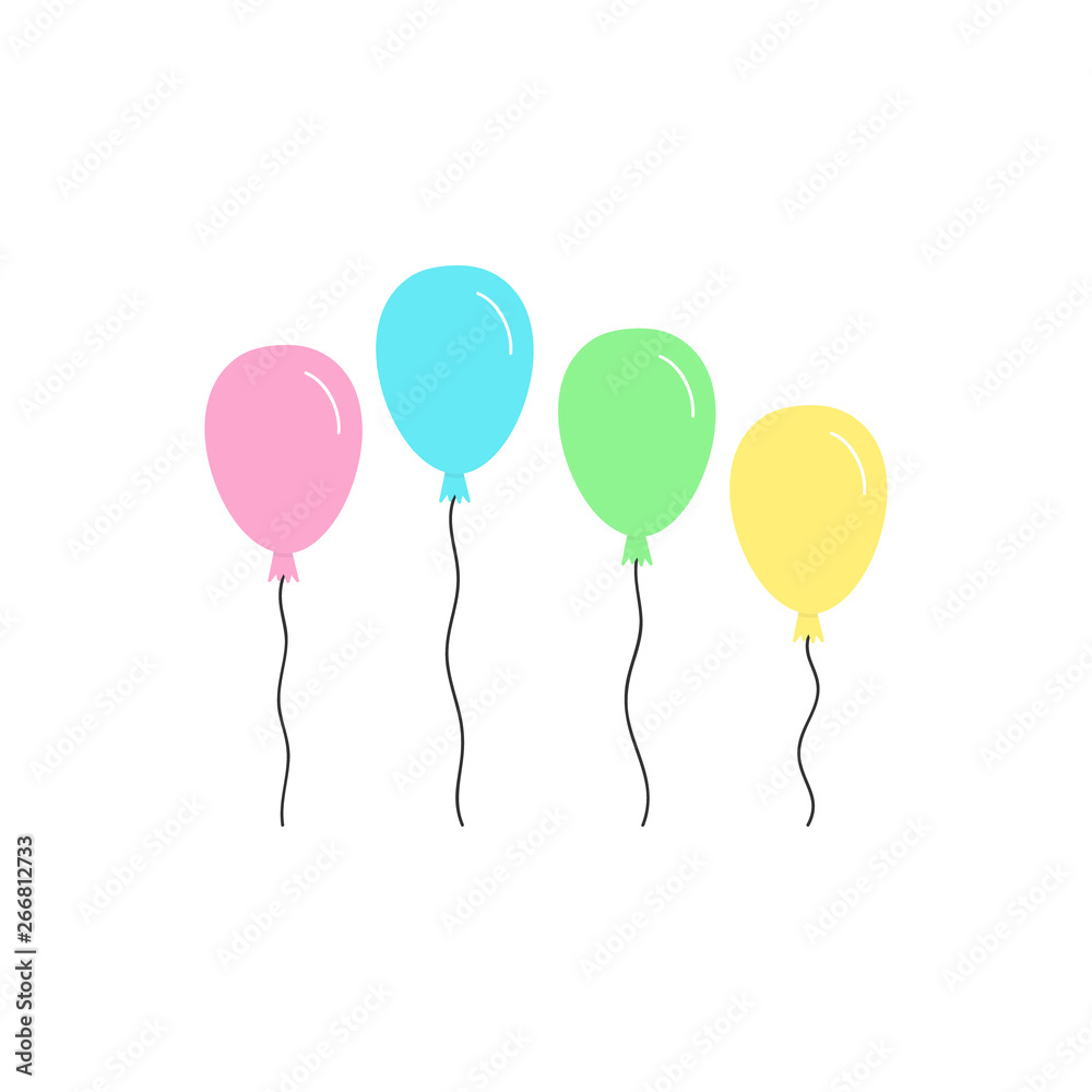 Cute colorful pastel balloons with strings. Vector graphic illustration icons. Isolated pink, yellow, green and blue balloons.