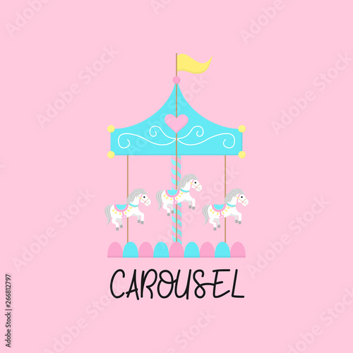 Merry go round, carousel with horses, vector graphic illustration icon with writing. Isolated on light pink background.