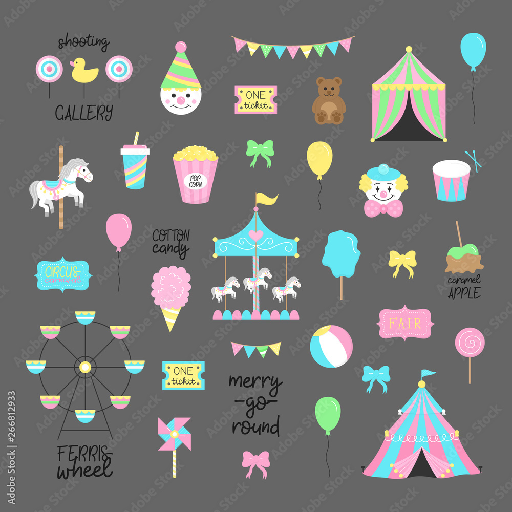 Fair, carnival, circus vector illustrations collection. Amusement park graphic hand drawn icons of carousel, wheel, circus tent, funfair food. Isolated on grey background. Fair, carnival, circus vector illustrations collection. Amusement park graphic hand drawn icons of carousel, wheel, circus tent, funfair food. Isolated on grey background.