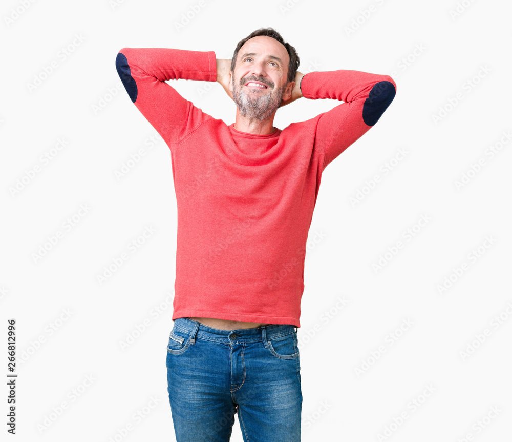 Handsome middle age hoary senior man wearing winter sweater over isolated background Relaxing and stretching with arms and hands behind head and neck, smiling happy Handsome middle age hoary senior man wearing winter sweater over isolated background Relaxing and stretching with arms and hands behind head and neck, smiling happy