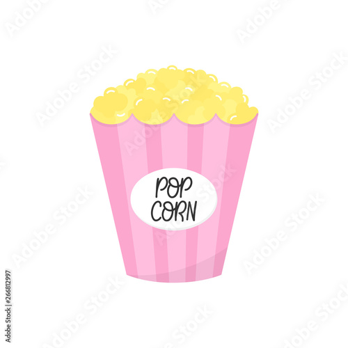 Popcorn vector graphic illustration. Pink striped paper box full of popcorn. Isolated. 