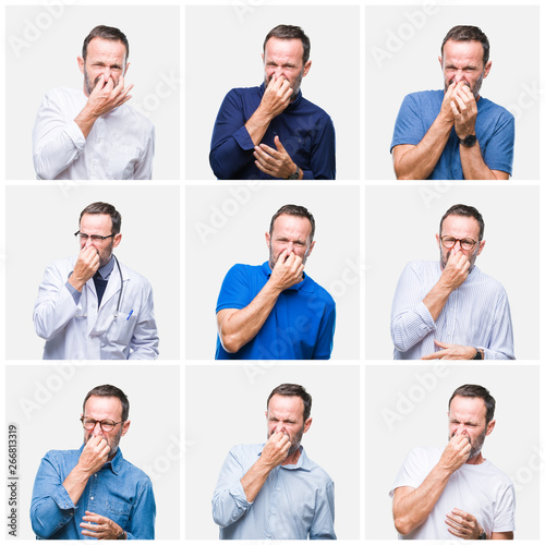 Collage of senior hoary elegant man over white isolated background smelling something stinky and disgusting, intolerable smell, holding breath with fingers on nose. Bad smells concept.