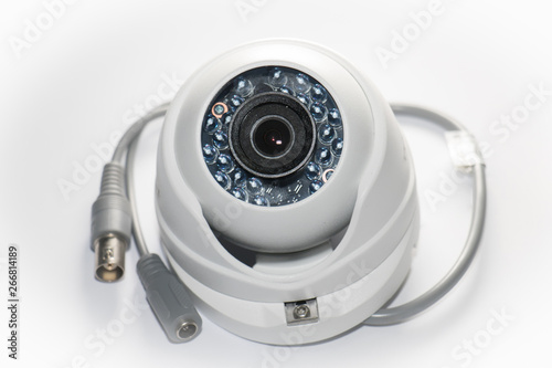 CCTV View of a white dome security camera isolated on white background 