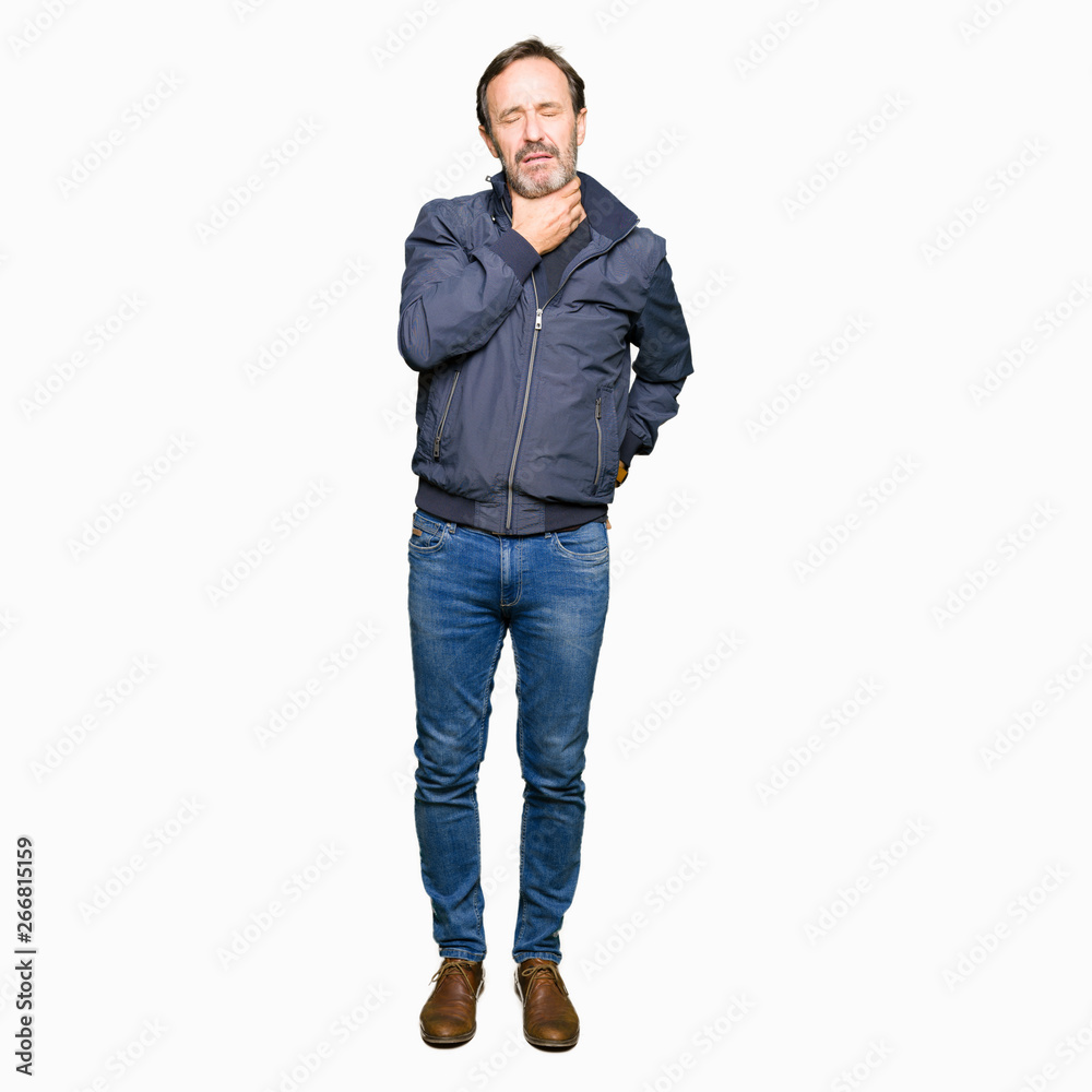 Middle age handsome man wearing a jacket Touching painful neck, sore throat for flu, clod and infection Middle age handsome man wearing a jacket Touching painful neck, sore throat for flu, clod and infection