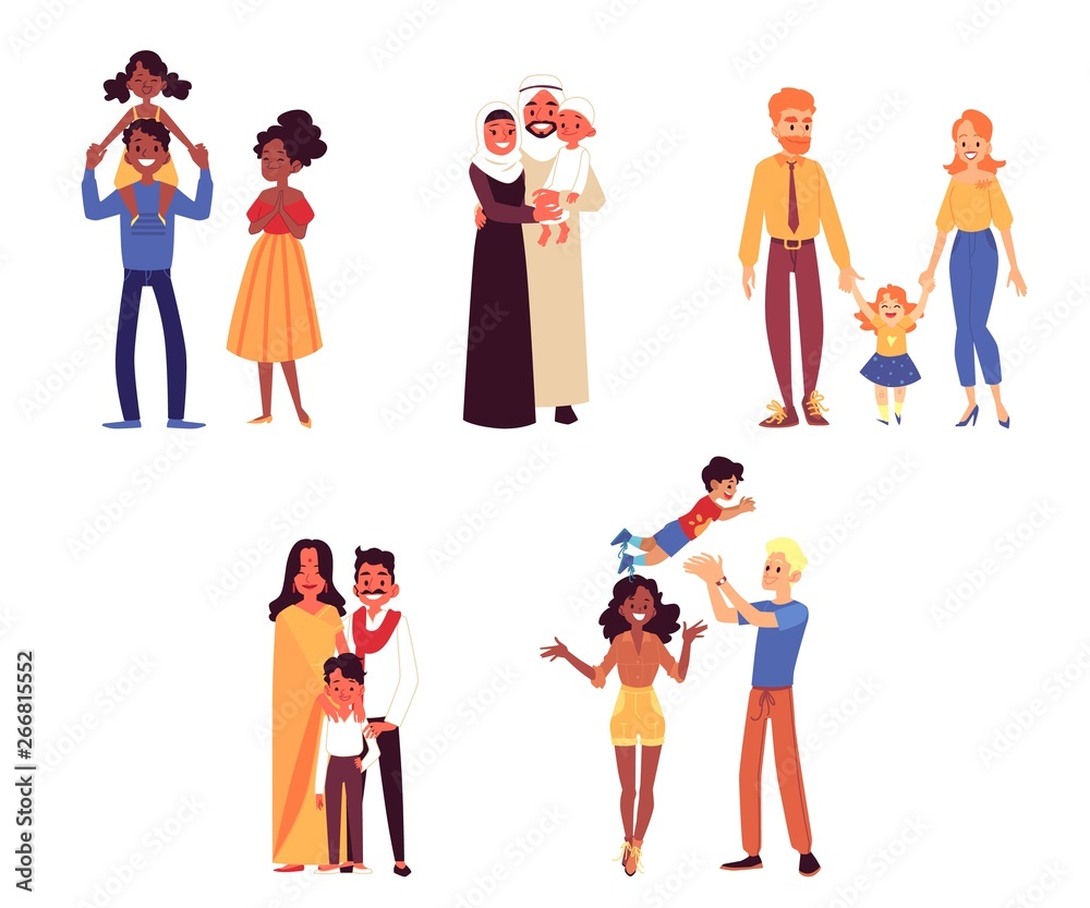 Set of happy diverse ethnicity and race families with child cartoon style Set of happy diverse ethnicity and race families with child cartoon style