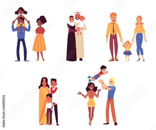 Set of happy diverse ethnicity and race families with child cartoon style © sabelskaya