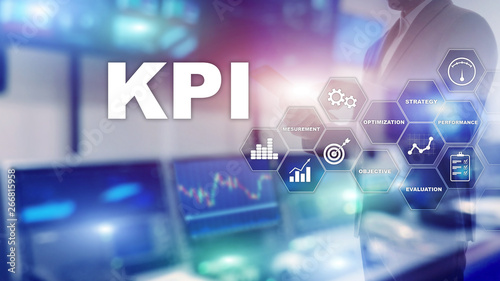 KPI - Key Performance Indicator. Business and technology concept. Multiple exposure, mixed media. Financial concept on blurred background.
