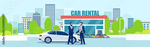 Vector of a salesman giving automobile keys to a customer