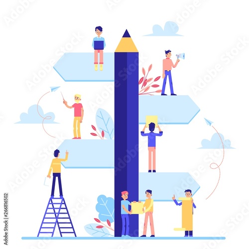 Huge task board with small team workers planning project flat cartoon style
