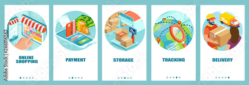 Online shopping, payment, warehouse storage, delivery and tracking concept.