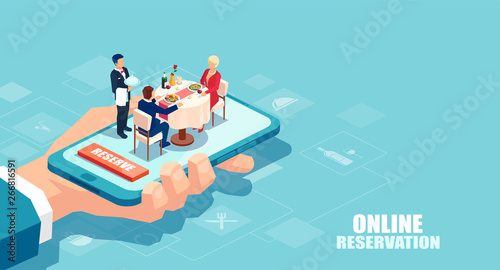 Vector of a hand holding a smartphone with couple dining and waiter serving a table.