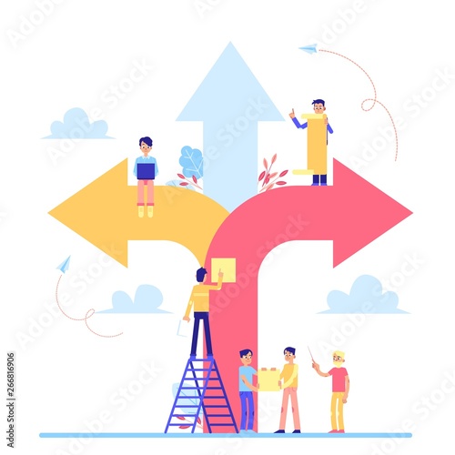 Scrum board for the team duties with people and arrows flat vector illustration.