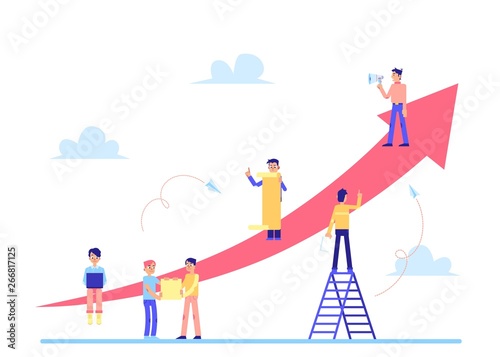 Scrum task board with people and arrows flat vector illustration.