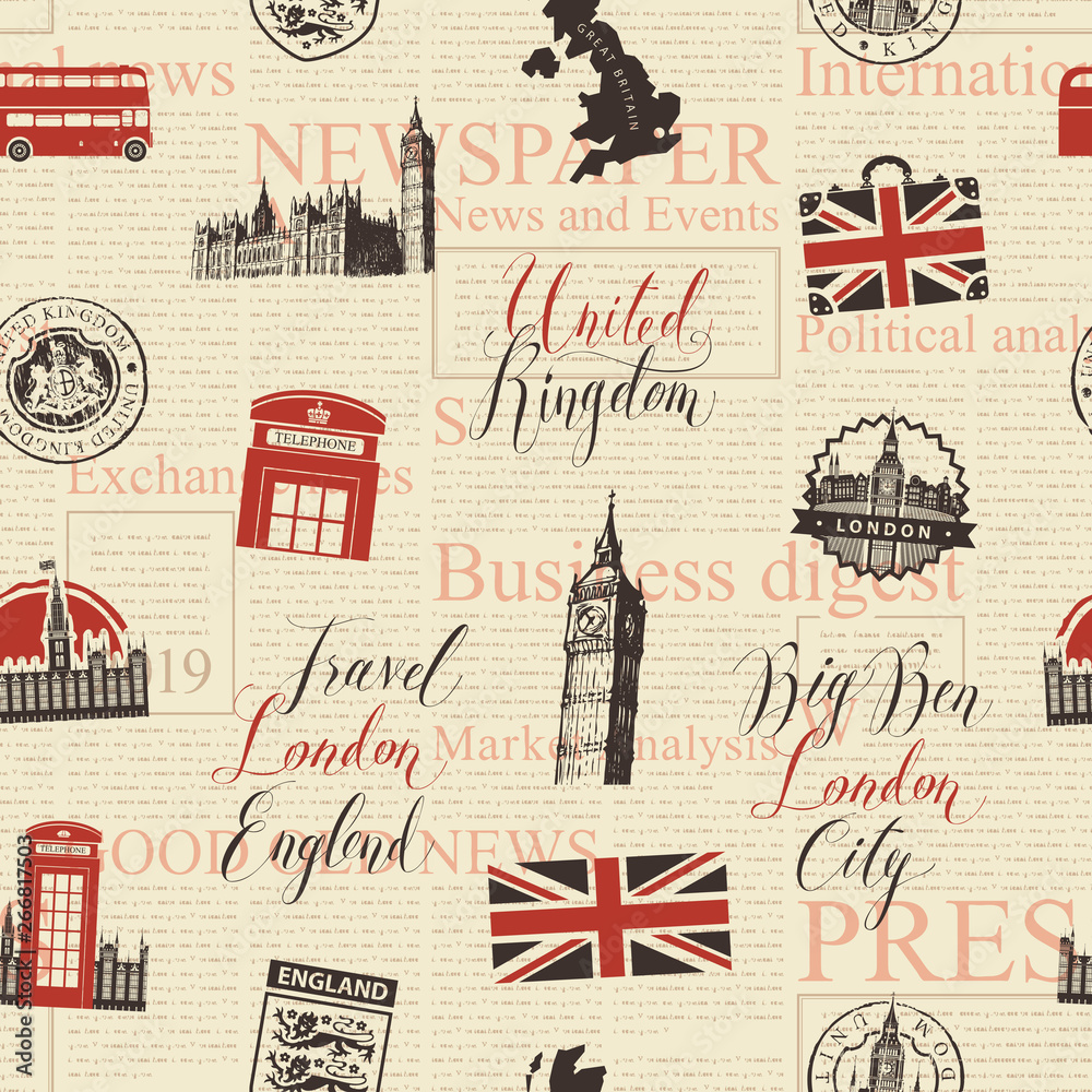 Vector seamless pattern on UK and London theme with inscriptions, British symbols, landmarks and flag in retro style on the background of news paper. Can be used as wallpaper, wrapping paper or fabric Vector seamless pattern on UK and London theme with inscriptions, British symbols, landmarks and flag in retro style on the background of news paper. Can be used as wallpaper, wrapping paper or fabric