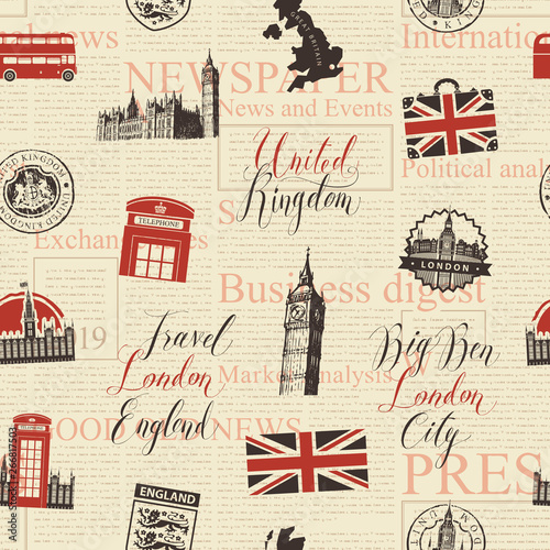 Vector seamless pattern on UK and London theme with inscriptions, British symbols, landmarks and flag in retro style on the background of news paper. Can be used as wallpaper, wrapping paper or fabric