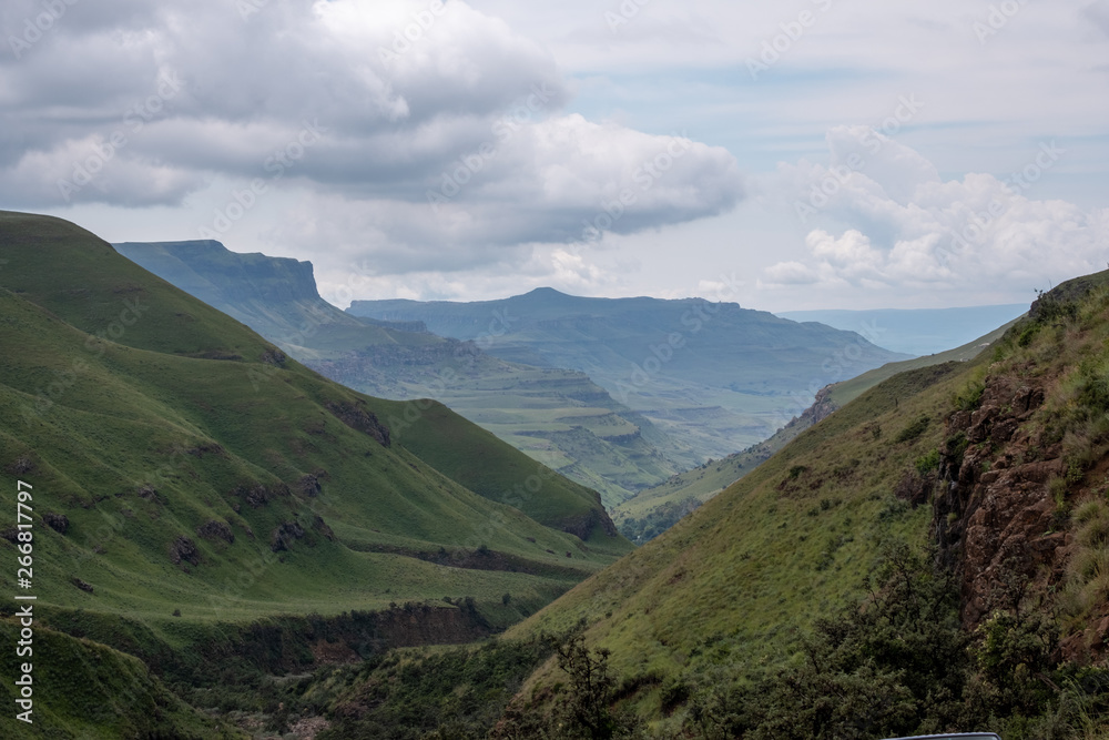 View of the Sani Pass which connects Underberg in South Africa to Mokhotlong in Lesotho. The Sani Pass is the highest mountain pass in the world.