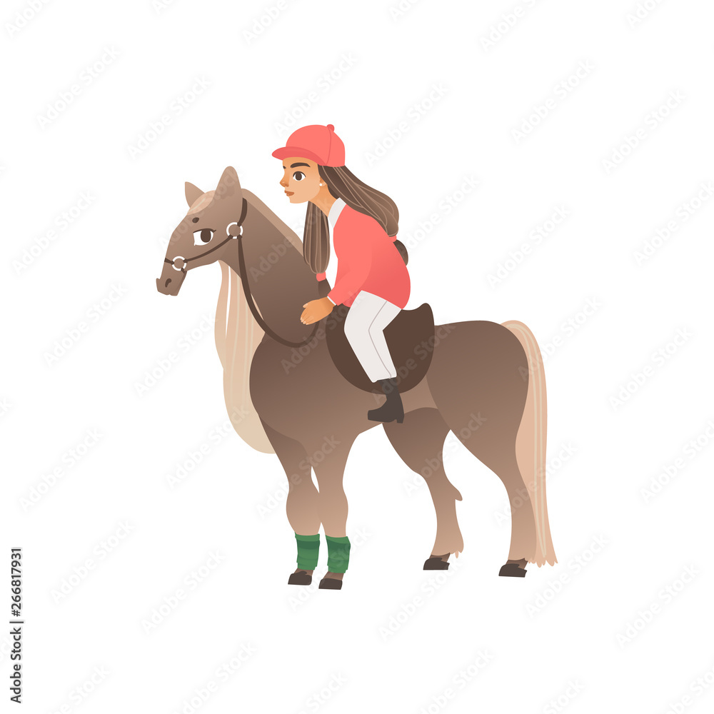 Kid girl rider in pink form on horseback. Riding and equestrian sport for children and teenagers, hobbies with animals. Kid girl rider in pink form on horseback. Riding and equestrian sport for children and teenagers, hobbies with animals.